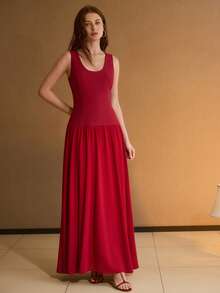 MOTF PREMIUM WOMEN'S U-NECK MINIMALIST DESIGN SLEEVELESS LONG DRESS - Beige - View 4