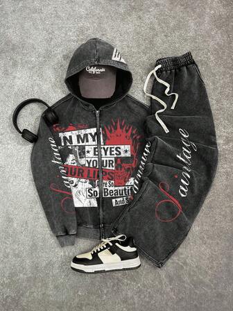 Manfinity EMRG Men's Anime Retro Cotton Zip-Up Hoodie And Letter Print Drawstring Waist Sweatpants Set