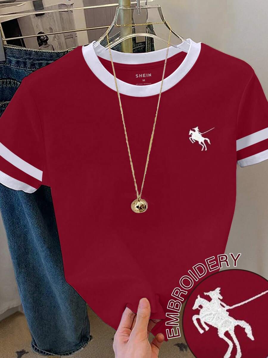 Resyla 大码女式撞色刺绣装饰圆领短袖T恤 - 酒紅色 - 查看 1