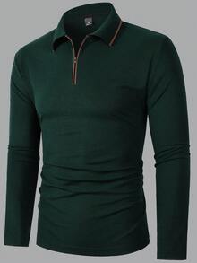 Manfinity Mode Men's Contrast Trim Half-Zip Casual Long Sleeve Polo Shirt Old Money,Daily Leisure, Weekend Trips, Outdoor Activities, Travel Expeditions, Relaxed Work Environments Or Semi-Formal Occasions, Boyfriend/Husband Gift, Anniversary /Birthday Gift Party Christmas New Years Wedding - Dark Green - View 6