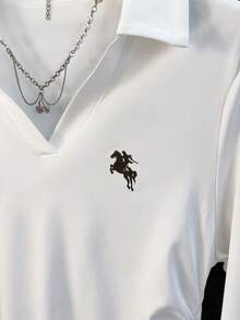 INAWLY Polo 领女式骑士印花收腰修身长袖白色 T 恤，适合秋季，新款，时尚 T 恤，节日礼物，送给兄弟姐妹的礼物，送给姐妹的礼物，送给妈妈的礼物，母亲节礼物，休闲，简约，时尚上衣 - 白色 - 查看 5