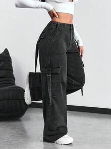 SHEIN Tall Quần jeans ống rộng cài nút màu trơn thời trang thường ngày cho nữ - Màu xám đen - Xem 5