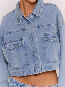 MUSERA Boxy Drop Shoulder Patch Pocket Dark Wash Denim Jacket Only Autumn Fall Winter Night Out Going Out Streetwear Cute Spring Y2k Summer - Baby Blue - View 6