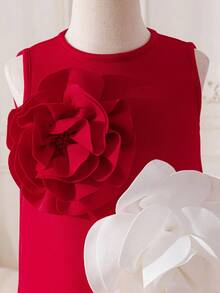 Glamorique Kids Girls' Solid Color 3D Floral Elegant Design Party Flower Girl Dress, Spring/Summer - Red - View 4
