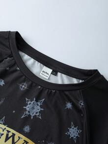 HARRY POTTER X SHEIN Vestido de dormir feminino casual com estampa total, gola redonda e mangas curtas, ideal para o verão, modelo Moo Moo Night Dress. - Azul marinho - Ver 3