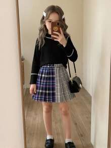 2pcs/Set Girls Kids Back-To-School Autumn Outfit,High Collar Black Long Sleeve Turtleneck Top,Plaid Patchwork Pleated Skirt,Career Day Fashion Outfit - Black - View 1