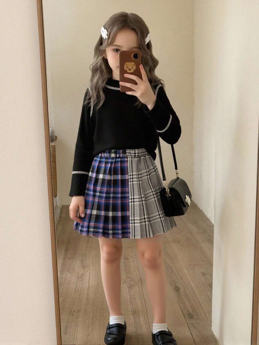 2pcs/Set Girls Kids Back-To-School Autumn Outfit,High Collar Black Long Sleeve Turtleneck Top,Plaid Patchwork Pleated Skirt,Career Day Fashion Outfit - Black - View 1