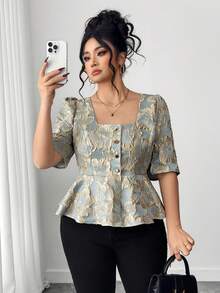 Elenzga Plus Size Women Vintage Elegant Jacquard Jacquard Square Neck Metal Button Decor A-Line Shirt With Side Slit, Suitable For Spring/Summer - Green - View 1