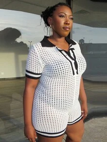 Truni Awkwardfatgirl Plus Size Women Holiday & Sexy Open Knit Contrast Color Short Sleeve Shirt Collar & Bodycon Shorts, Spring/Summer, For Pear Triangle Body Shape