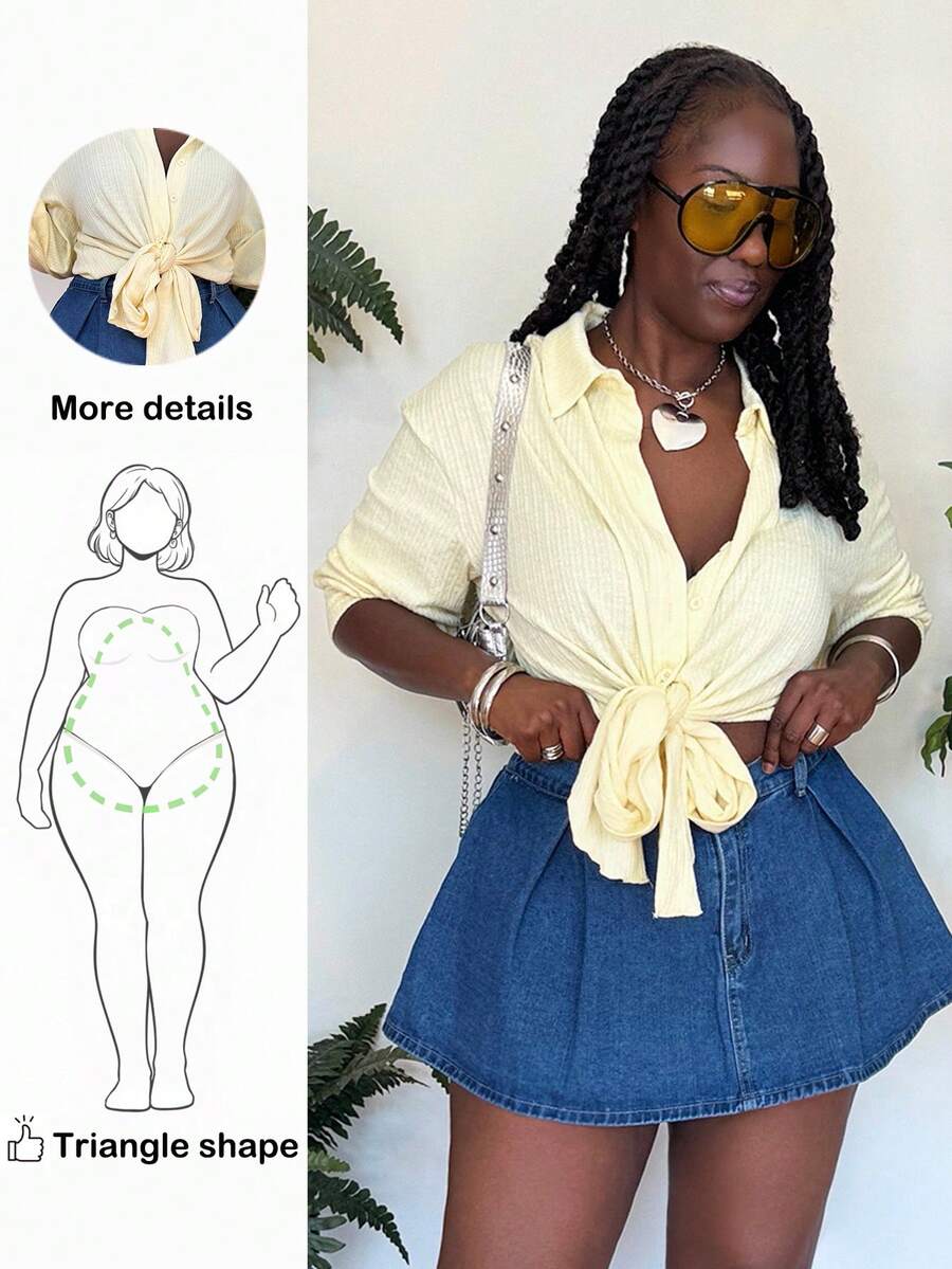 Truni SHEINLUNE Damen Hemd mit Strickmanschetten in Große Größen, Old Money-Stil, Sommeroutfit für Frauen, 90er-Jahre-Kleidung, Outfits für den Frühlingsurlaub, Ibiza-Passform, Strandoutfits für Frauen/ Sommer Boho Old Money Sommeroutfits für Frauen Frühlingsurlaub Rave-Outfits Festival Frühlingsurlaub-Outfits - Gelb - Übersicht 1