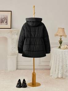 SHEIN MOD 大码女式黑色中长款连帽棉服外套、束腰长款棉服外套、连帽长款冬季夹克、基本款冬季棉服外套 - 黑色 - 查看 6