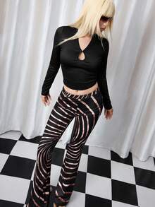 Y2Kool Maria Clara Maia Schwarze & roségoldene Y2K Streetwear Slim Fit Lässig Hose für Damen, geeignet für Partys, Feiertage und den täglichen Gebrauch, Schlaghose für Frauen, Geburtstag, Karneval - Schwarz - Übersicht 3