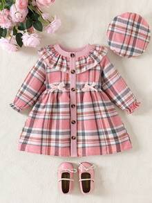 SHEIN Conjunto de vestido y gorro de Navidad para bebé niña con patrón a cuadros de bloques de color, volantes y lazo decorativo - Rosa - Ver 3