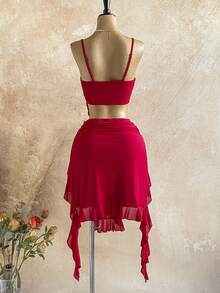 Soleia Bộ 2 áo hai dây xoắn gợi cảm và chân váy xếp ly bất đối xứng cho kỳ nghỉ của phụ nữ - Đỏ - Xem 2