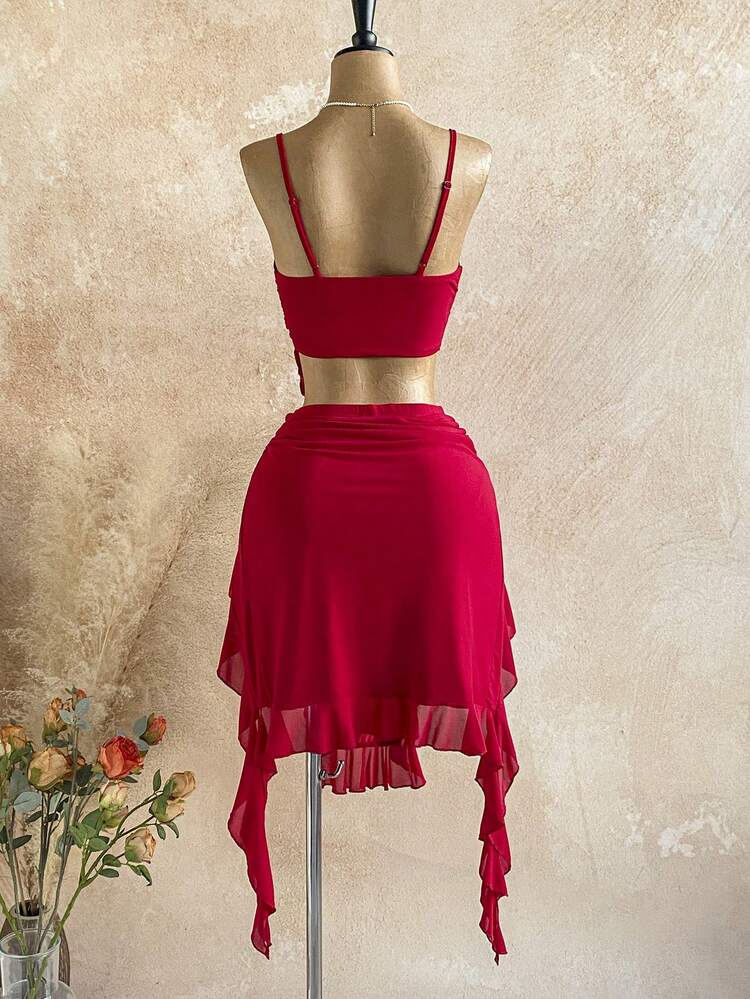 Soleia 两件套女士度假性感扭结吊带背心和不对称荷叶边下摆半身裙套装 - 紅色 - 查看 2