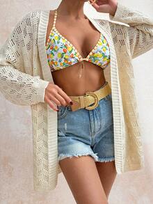 SHEIN Beige Open Knit Cardigan With Hollow Textured Pattern And Relaxed Fit Long Sleeves For Breezy Spring Layering - White - View 3