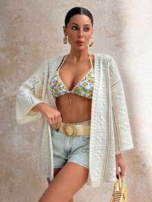 SHEIN Crochet Knit Open Front Long Sleeve Hollow Out Kimono Cardigan With Textured Pattern And Relaxed Fit For Women - Apricot - View 3