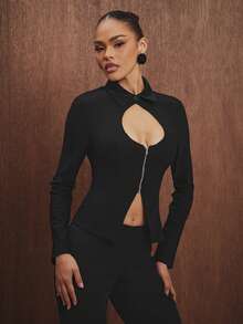 Hauture Women's Sexy Zip Front Blouse Office Wear - Black - View 3