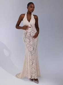 Cheriluna Maternity 孕妇摄影礼服，露背蝴蝶结蕾丝美人鱼长裙 - 杏色 - 查看 4