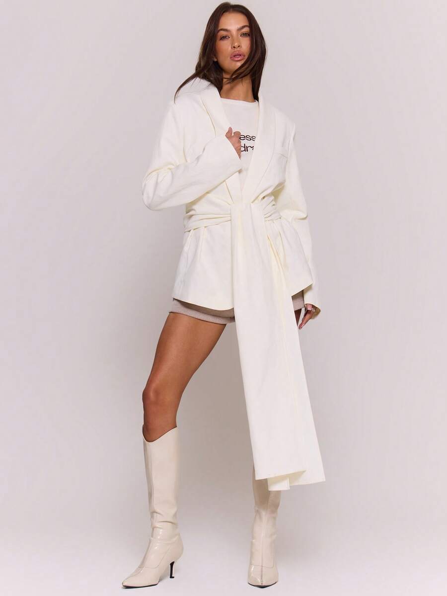 MUSERA Bộ vest blazer thắt eo kiểu dáng may đo, thích hợp cho mùa đông thu, ấm áp, dễ thương, thường ngày, đi chơi tối, hẹn hò, dự tiệc năm mới, mùa xuân. - Màu be - Xem 1