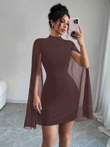 SHEIN PETITE Women's Mandarin Collar Chiffon Cape Bodycon Mini Dress - Brown - View 7