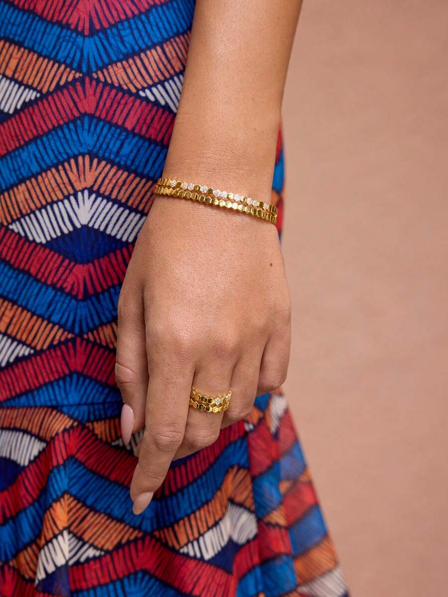 JIAN  LASALA Retro Style Dual-Tone Electroplated Cubic Zirconia Striped Bangle & Ring Set, Suitable For Daily Wear