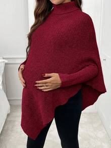 SHEIN Elegante Poncho de Suéter Gola Alta de Cor Sólida para Mulheres Grávidas, Outono/Inverno - Vinho - Visão 4