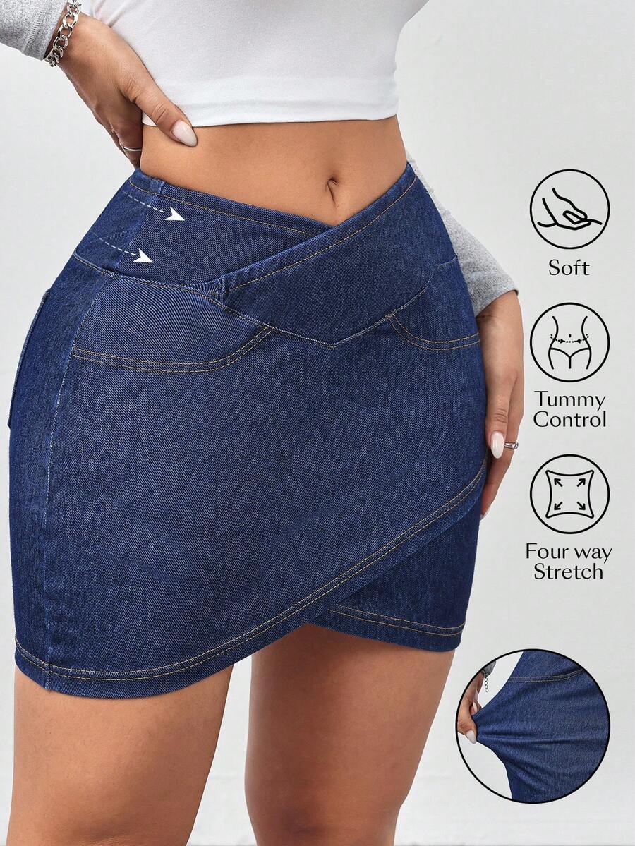 Flexra Váy mini denim bó sát, dáng chữ thập, giặt thường ngày dành cho nữ - Màu xanh lam - Xem 1