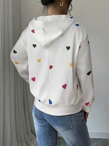 Elenzga Áo nỉ nữ cỡ lớn 1 chiếc, họa tiết trái tim nhiều màu sắc, có dây rút, kiểu dáng thường ngày, thích hợp mặc trong nhà và ngoài trời, mùa thu/đông, ngày Valentine. - trắng - Xem 2