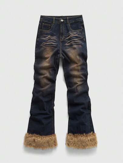 Men's Fashionable Vintage Washed Fuzzy Patchwork Denim Jeans