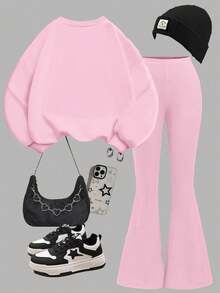 SHEIN Leap Crew 亮粉色、可爱有趣的卡通蓝色兔子露露、针法图案、女童针织圆领宽松长袖运动衫和喇叭裤两件套、轻松舒适的秋季服装、女童秋季多层装、时尚童装、休闲装、儿童图案服装、秋装、冬装