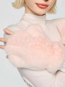 ROMWE Grunge Punk 1双粉色小鹿毛绒手套，可爱秋冬保暖舒适猫爪形指套，高品质加厚天鹅绒仿毛皮指套 - 粉色 - 查看 5