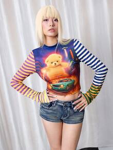 Y2Kool Maria Clara Maia 女士多色冬季圣诞节新年派对情人节辣妹Y2K千禧熊条纹摩托车印花圆领撞色长袖上衣可爱露脐上衣可爱长袖上衣条纹长袖彩虹上衣70年代上衣复古图案T恤70年代彩虹女装70年代春季女装生日嘉年华 - 彩色 - 查看 5