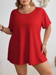 SHEIN CURVE+ Áo thun nữ tay ngắn cổ tròn trơn màu cỡ lớn/2026/Năm mới - Đỏ - Xem 9