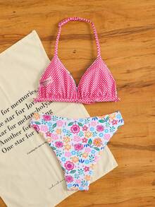 女童数码印花双面穿吊带比基尼泳衣套装，花卉格子图案，细肩带三角罩杯比基尼，款式保守，适合度假、海滩和夏季穿着。 - 彩色 - 查看 2