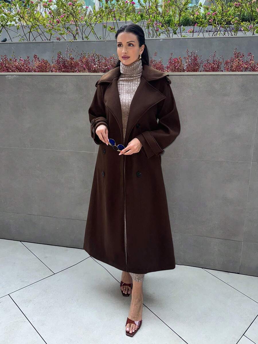 MDEdit Giacca lunga bordeaux con bottoni davanti a maniche lunghe, giacca casual da indossare tutti i giorni, cappotto di lana lungo vintage di colore bordeaux, caldo e spesso per l inverno, costumi vuoti per il Ringraziamento, costumi da donna per Ognissanti, cappotti lunghi da donna per l'inverno, abbigliamento natalizio da donna, cappotto trench da donna per l'autunno, outfit da donna per l'autunno - Caffè Marrone - Visualizzare 1