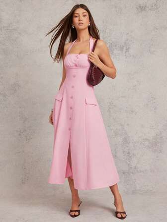 L'Amorae Women Halter Neck Button Down Fit And Flare Midi Dress Birthday Summer Sundress Casual