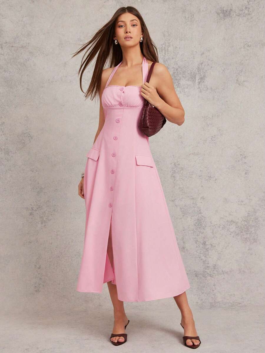 L'Amorae Vestido midi de verano casual con cuello halter, abotonado y ajustado en la cintura para cumpleaños - Rosa - Ver 1
