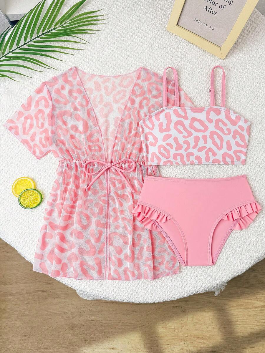 Young Girls Swimsuit Set, Cute Pink Leopard Print 3 PiecesSwimsuit, Fashionable Casual Elegant Suitable For Swimming, Vacation, Summer Three Piece Swimsuit Set Girls Summer Mesh Two Piece Bikini With Cover Up 3pcs Set Bikini With Sarong Skirt Pink Leopard Print Swimsuit Girls Matching Sets Vacation Girls Summer Swimwear Bikini Set With Sarong Skirt Summer Vacation Thermal Christmas Holiday Festival New Years Valentines Swim 
رمضان
عباياتabaya جلابياتjalabiya جلابيه Girls Summer Swimsuit Three-Pi Tied Waist Slim Fit Swimwear
