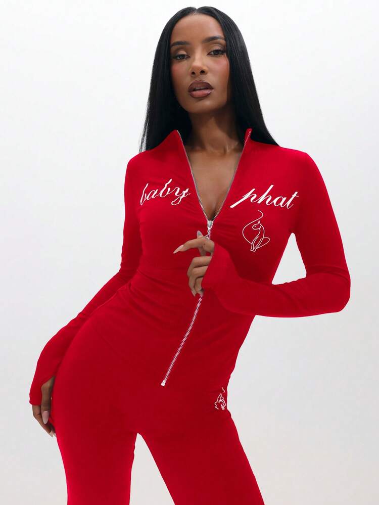 BABYPHAT Long Sleeve Zip Up Top With Script Print And Thumb Holes For Women Casual Streetwear