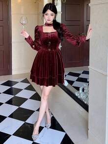 DAZY Vestido corto de mujer elegante de unicolor con cuello cuadrado brillante de plata, forrado térmicamente, para otoño/invierno - Burdeos - Ver 8