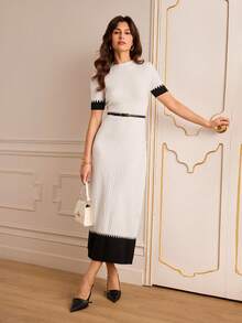 Lilora Vestido de punto de manga corta ajustado con bloqueo de color elegante, conjunto de ropa sofisticada y elegante para mujer de otoño/invierno a primavera/verano - Blanco y Negro - Ver 8