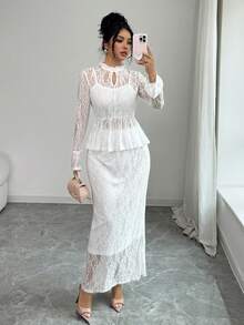 Elenzga Women's Elegant Lace Flare Sleeve Waist Fitted Top And Straight Hem Skirt 2 Pieces Set - White - View 4