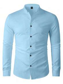 Manfinity Mode Men Solid Color Long Sleeve Button-Up Business Shirt, For Fall - Baby Blue - View 5