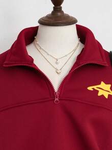 SHEIN Tween Girl Casual Minimalist Zip-Up Raglan Sweatshirt, Autumn/Winter - Red - View 3