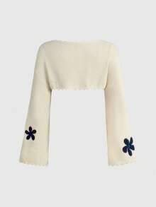 ROMWE Fairycore Plus Size Floral Loose Cropped Pullover Sweater, Spring - Apricot - View 3