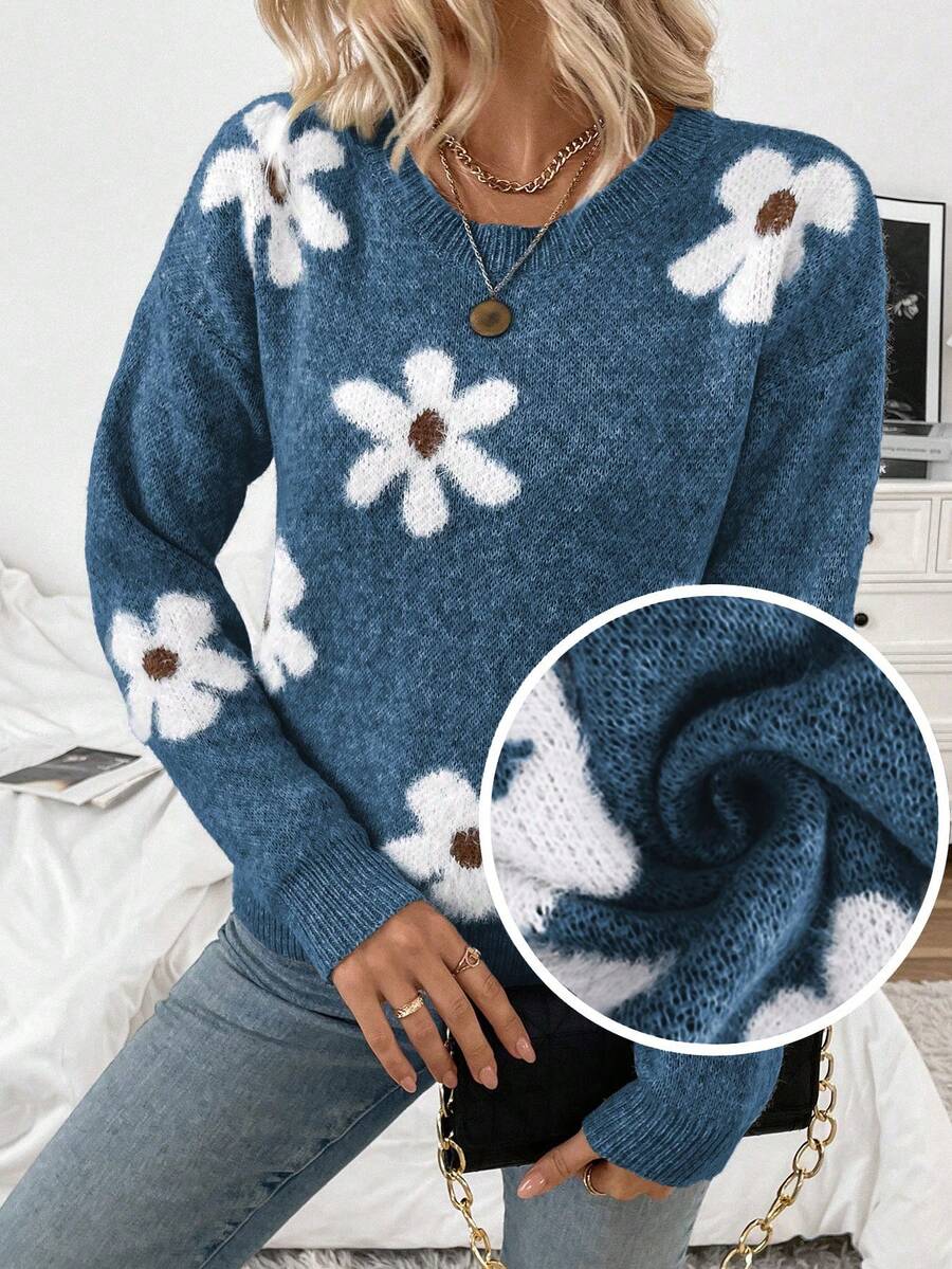 EMERY ROSE Women's Casual Fluffy Flower Pattern Round Neck Drop Shoulder Long Sleeve Knit Pullover Sweater, Autumn/Winter - Royal Blue - View 1