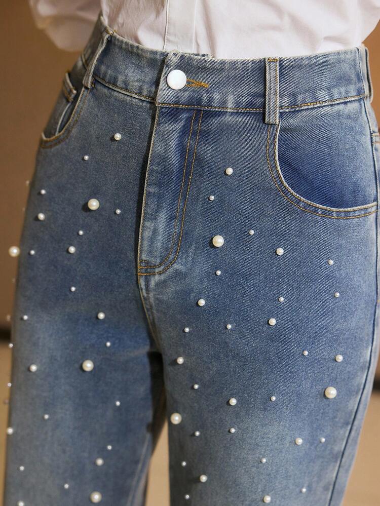 WOMEN'S PEARL EMBELLISHED FLARE LEG JEANS