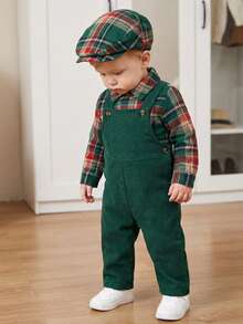 Souflis Souflis 2 件套幼儿男童圣诞格子纽扣前衬衫和可调节灯芯绒背带裤，适合通勤、上学、度假、运动、秋季、6 个月 - 3 岁、儿童服装、婴儿服装、幼儿 T 恤、幼儿背带裤 - 墨綠色 - 查看 4
