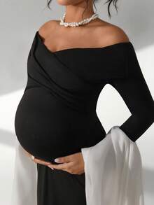 Cheriluna Maternity Elegant Maternity Photoshoot Dress, Off-Shoulder Ruched Long Sleeve Maxi Dress - Black - View 8